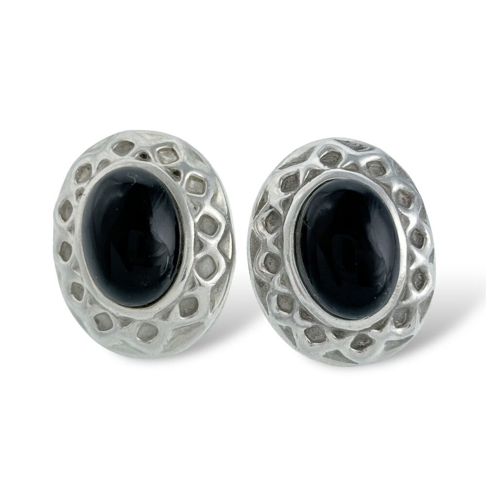 Vintage Sterling Silver 925 Oval Black Garnet Melanite Earrings